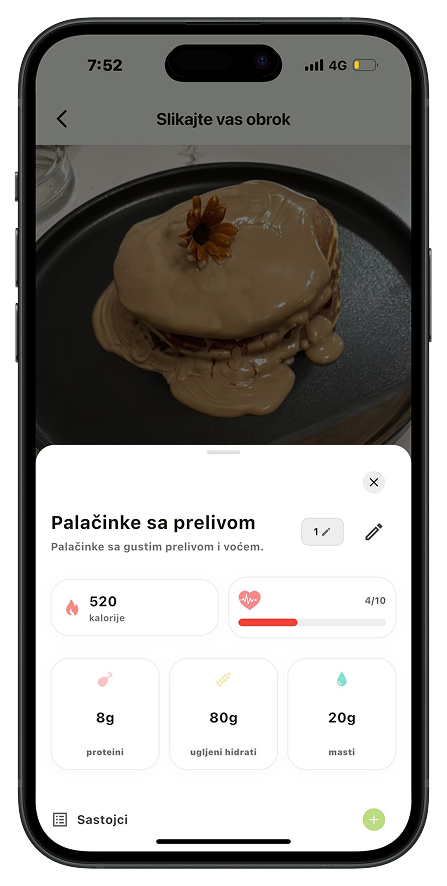 GrizAI aplikacija prikazuje analizu kalorija obroka